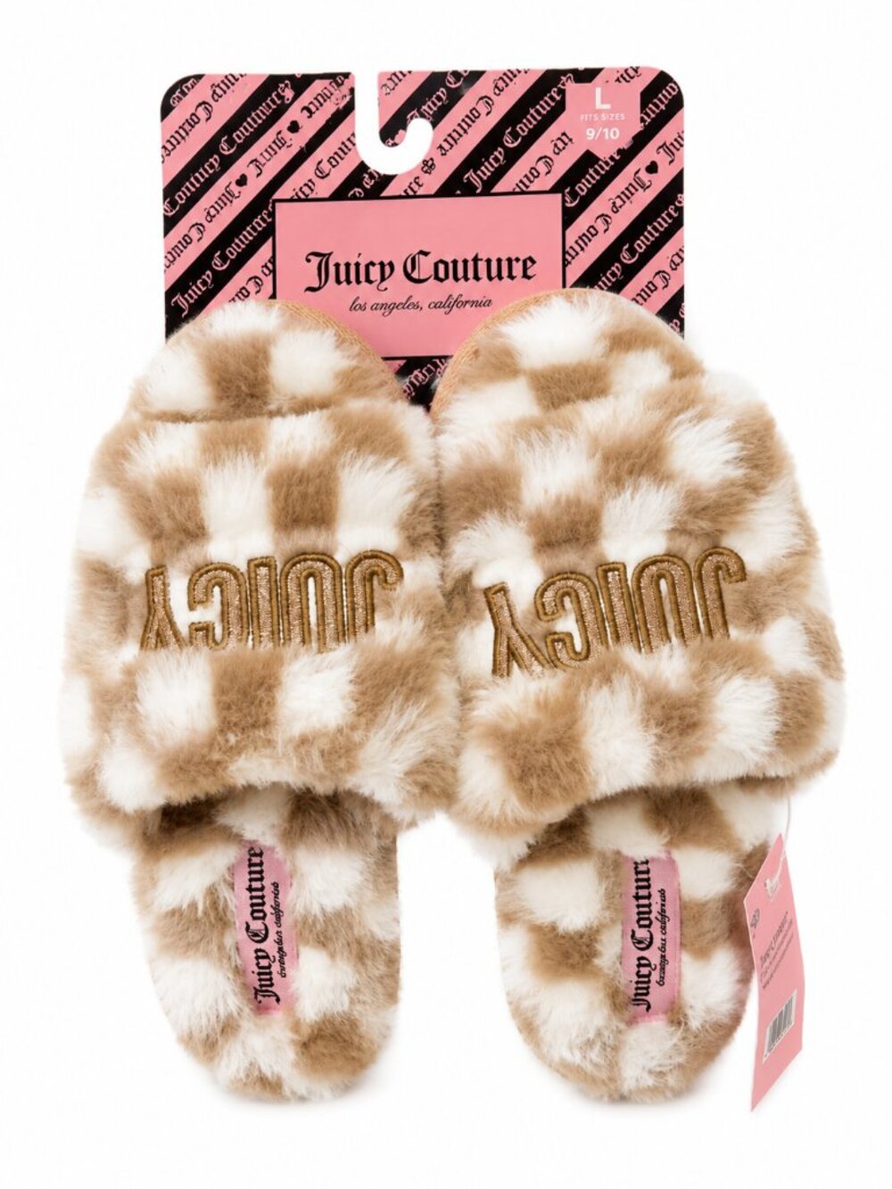 Juicy Couture Beige & White Check Faux Fur Slide Slippers - NWT $38 MSRP